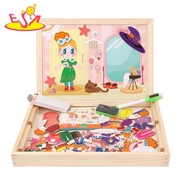 Most popular wooden kids portable drawing board with magnetic toys W12B136