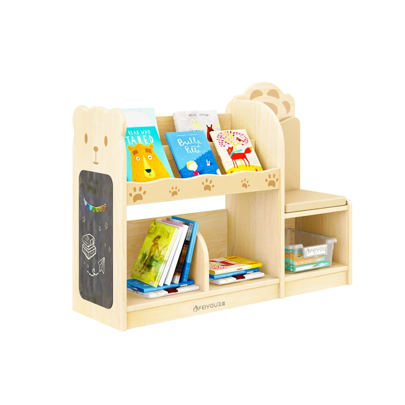 Bear bookcase wooden kindergarten furniture High quality baby storage cabinet with compartments