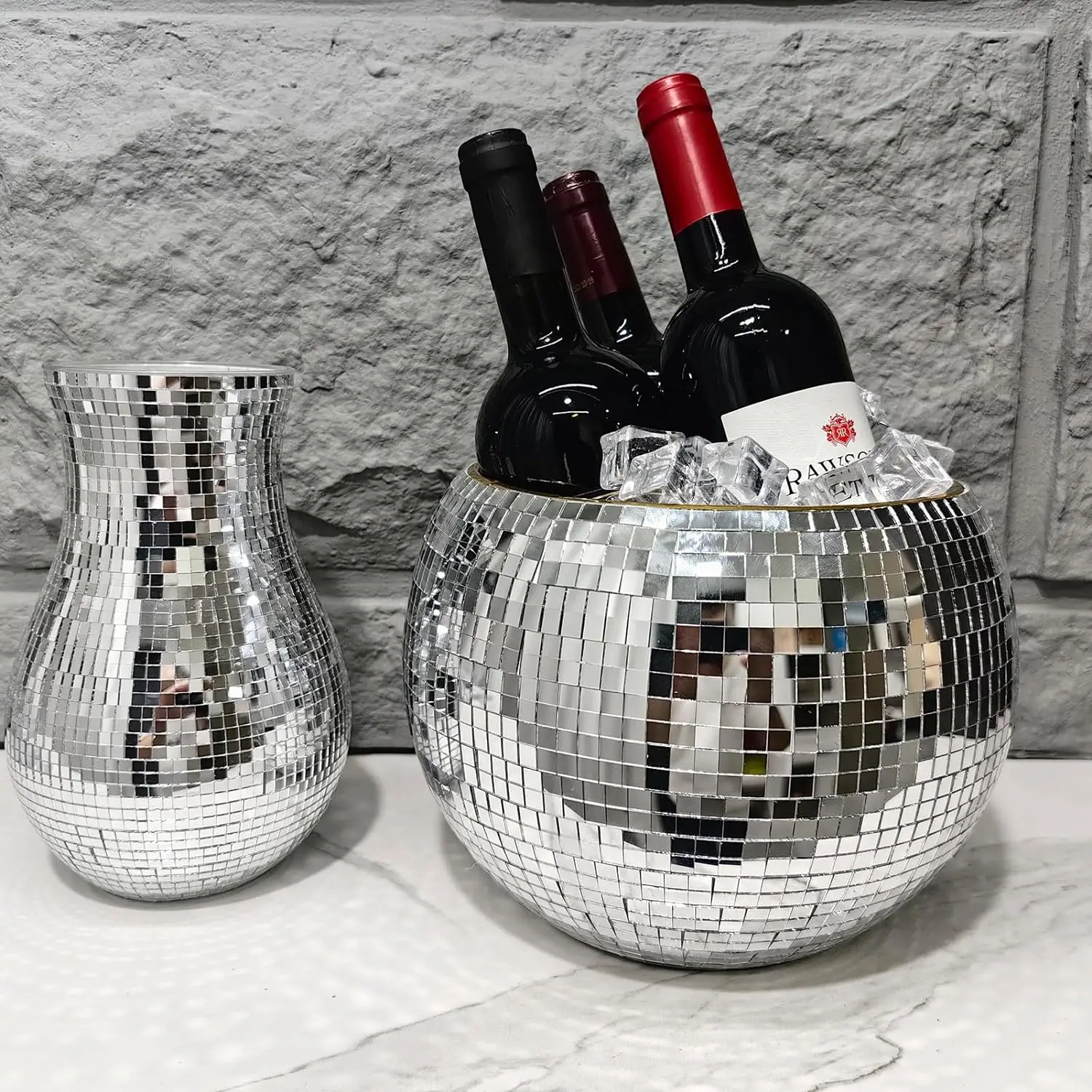 High quality Handmade Bar Gold Silver Mirror Glass Plastic Halloween Party Disco Ball Ice Bucket Beer
