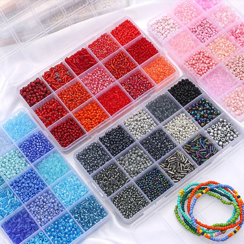 Customized kids beads set round glass seed beads craft kit set , wholesale 15 grids glass seed beads set for jewelry making