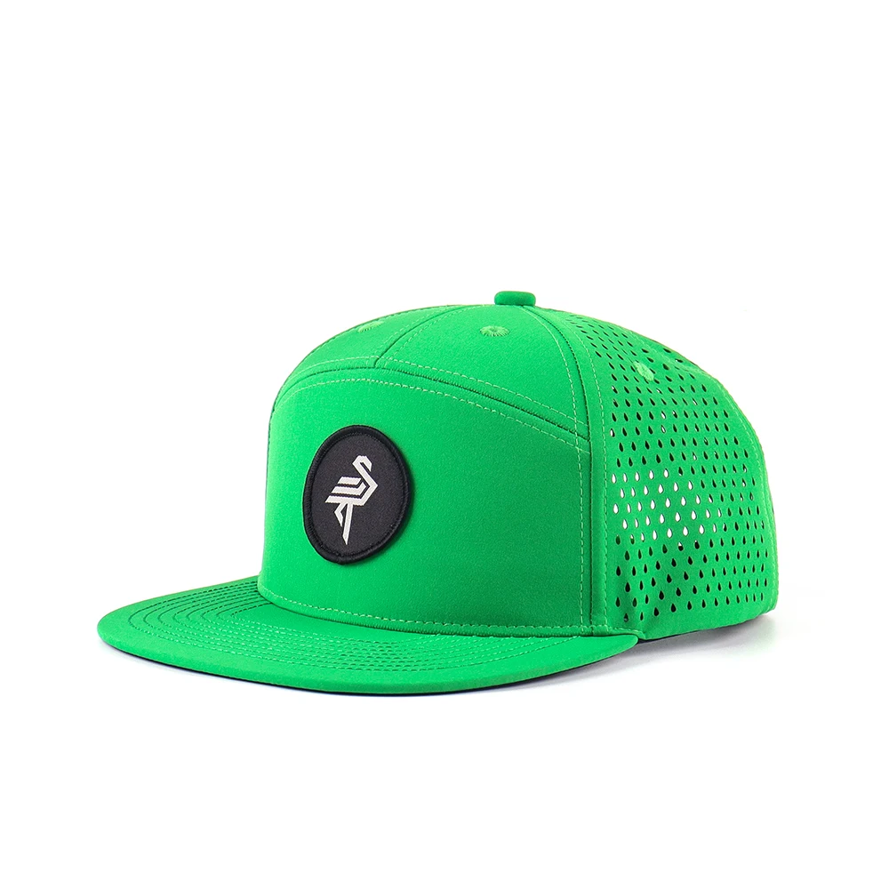 Wholesale 7 Panel Perforated Hat Custom Round Shape Rubber Patch Logo Under Brim High Profile Snapback Cap for Outdoor Sport