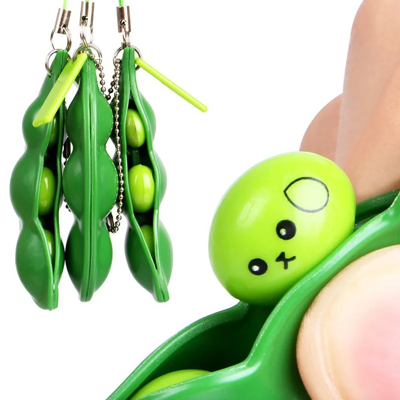 Novelty Interest Squeez Beans Peas Nuts Keychain Fidget Toys Squishy Anti Stress Reliever Squeeze Edamame Soybean Pea Relief Toy