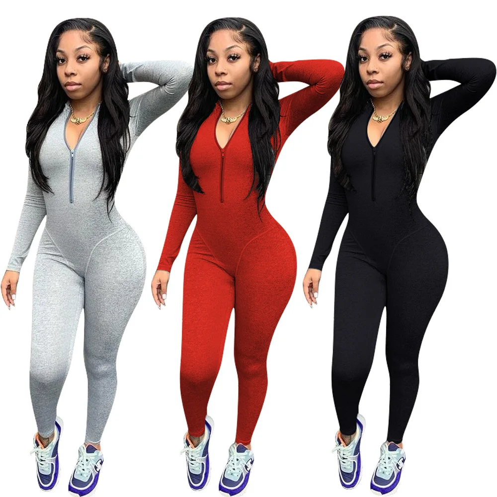 Комбинезон на молнии, облегающий зимний комбинезон с высоким воротником, Женский цельный спортивный костюм с высокой талией, комбинезон 2021, сексуальные комбинезоны