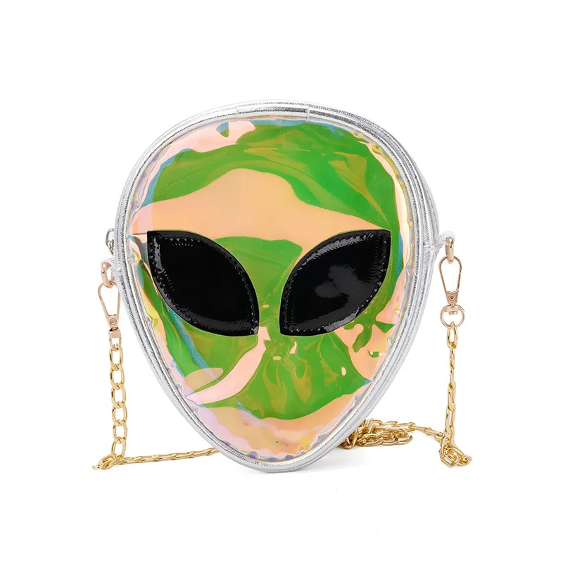 Silver Satchel Faxu PU Shoulder Bag- Alien Kawaii Holographic Backpack-Fashionable Small Bag
