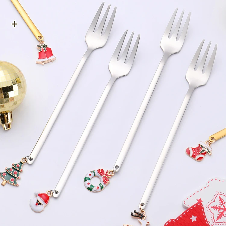 Metal Golden Plated Christmas Spoon Set Mirror Polished Stainless Steel Coffee Tea Dessert Spoons and Forks Gift Set Flatware