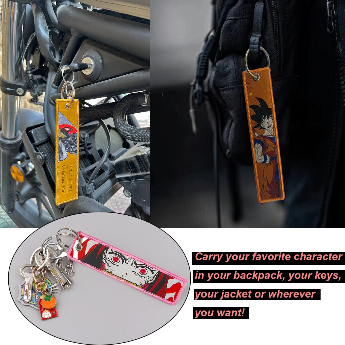 Wholesale 1000 Jet tag Embroideryc Anime Keychain  Demon Slayer Double-sided Keychain Motorcycle Car Anime Embroidery Keychain