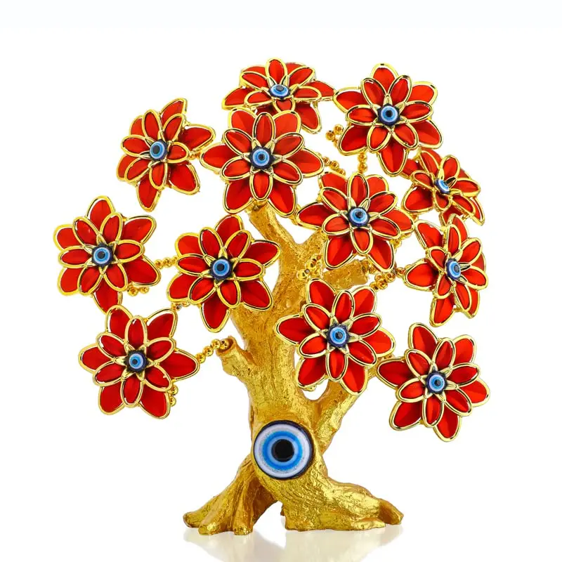 9inch Blue Evil Eye Tree with Red Flowers Turkish Nazar Money Fortune Lucky Tree Decorative