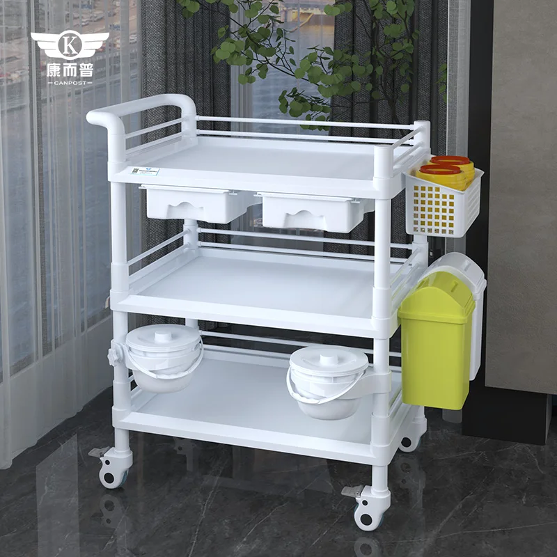 Hot selling hospital clinic multi-functional care car with dirt bucket dirt bucket three-layer white trolley factory wholesale
