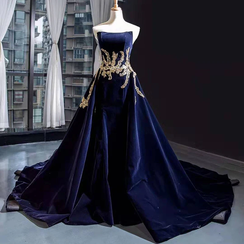 Real luxury high quality gold applique with belt empire waist hot selling evening dresses