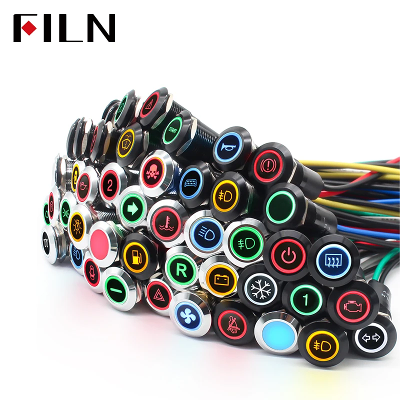 FILN Signal Lamp 12mm LOW Price Low Voltage 12v red Led Metal Indicator Light with symbol