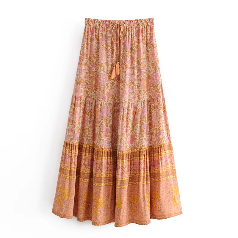 Boho Orange Skirt mandala design lehanga indian waist skater womens high waist skater flared pleated swing long wrap skirt