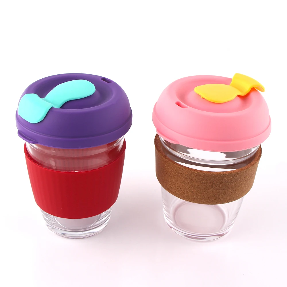 
Borosilicate Glass 12oz Reusable Travel Toughened Glass Cup With Natural Cork Band Glass Coffee Cup 