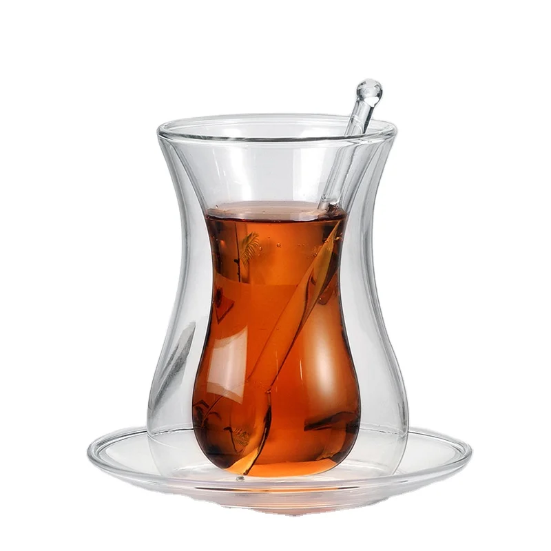 New Design 150ml/5oz  Mouthblown Borosilicate Turkish black tea cup Double Wall Espresso Glass Coffee Cup With Saucer and Spoon