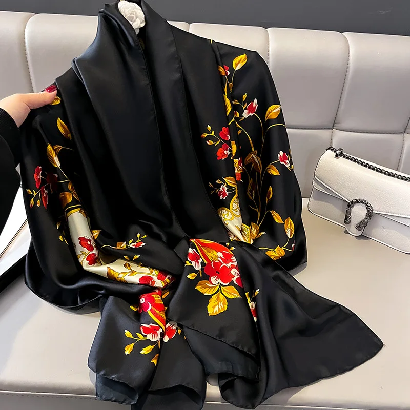 Fashion 2024 Spring Summer Long Large Silk Feelings Head Scarf Muslim Wraps Black Floral Printed Scarves Shawls Stoles for Women