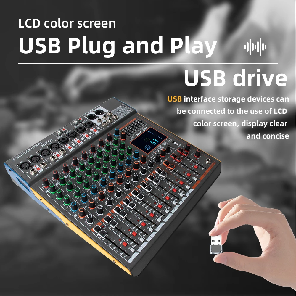 8 Channel Mixing Console USB Bluetooth Reverb Monitor Mic Input Mixer with LED Display 99 DSP Effects MP3 Player DJ Controller