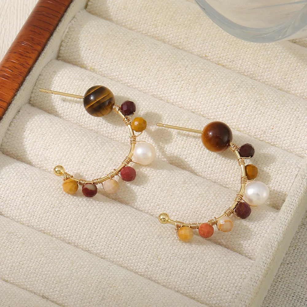 tiger eye stone copper wire winding handmade freshwater pearl tarnish free stud earrings women