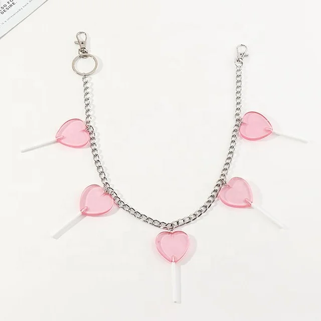 New Harajuku Transparent Purple Heart Lollipop Metal Key Chain For Women Punk Jeans Waist Pant Keychains Accessories