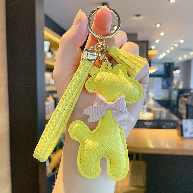 Cute Animal Giraffe PU Leather Keychain For Women Bowknot Tassels Trinket Metal Keychains Car Bag Pendent