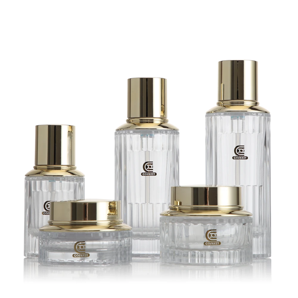 Luxury 40ml 60ml Clear Glass Cosmetic Cream Jars with Gold Lid Empty Face Eye Cream Packaging Plastic Cap for Skin Care Serum