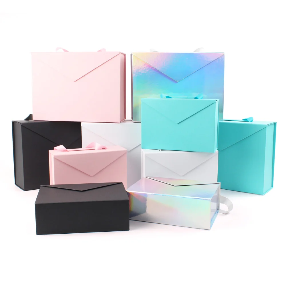 RTS ribbon handle pink rigid paper cardboard packaging magnetic folding  paper mothers day wedding magnetic luxury gift box