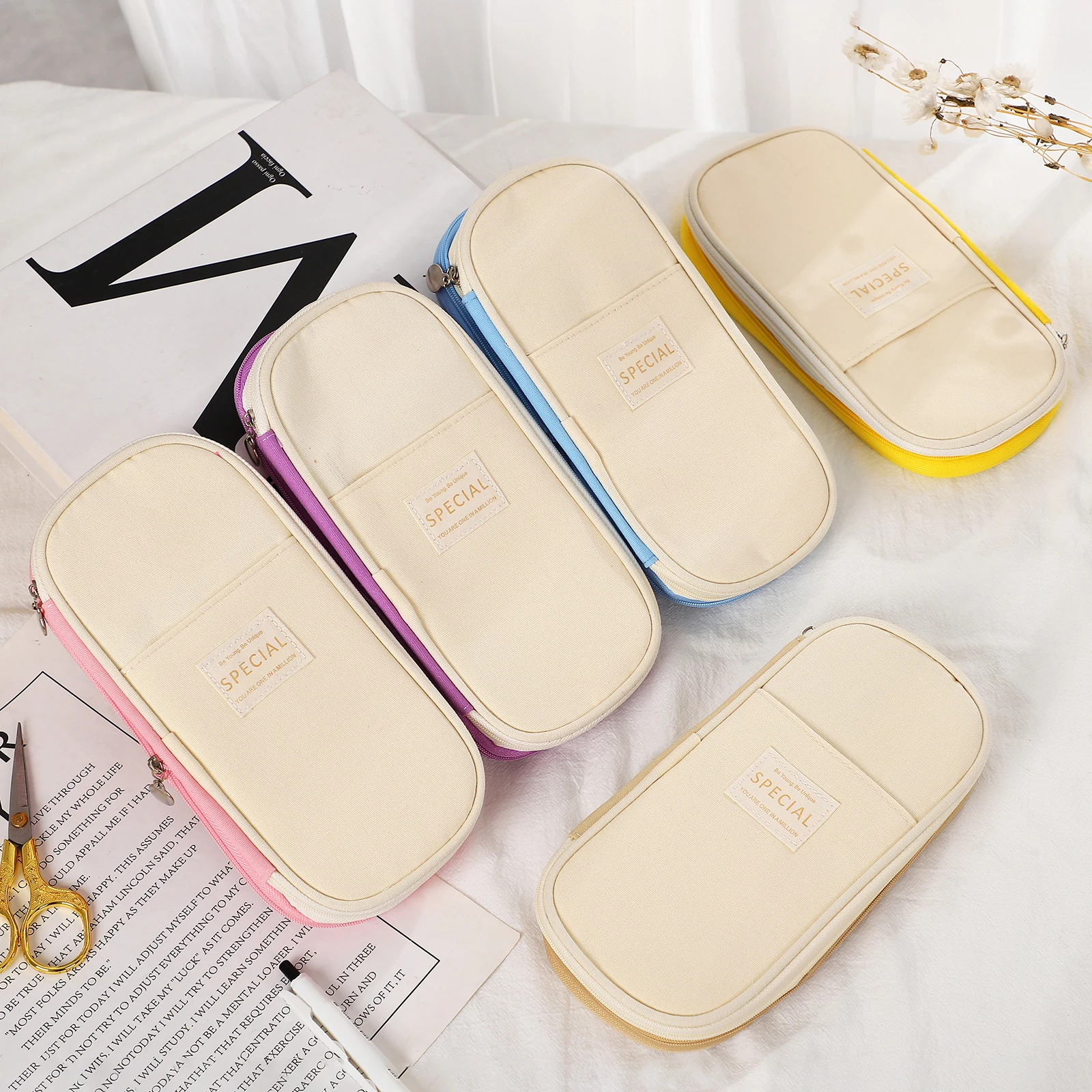 Multifunction Macaron Color Large Capacity Zipper Pencil Case Simple School Office Storage Canvas Pencil Bag Stationery Supplies