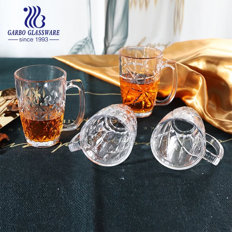 Massive production glassware exclusive embossed 12oz transparent glass tea mug 340ml glass coffee mug with 8 mixed mold designs