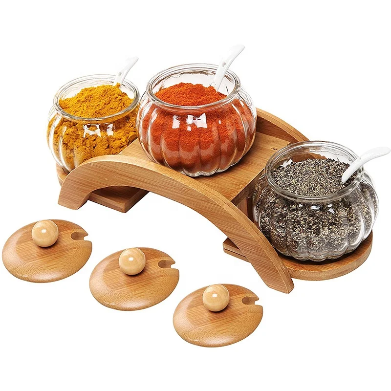 8 oz Clear Glass Condiment Round Spice Jars with Ceramic Serving Spoons & Tiered Wood Display Rack