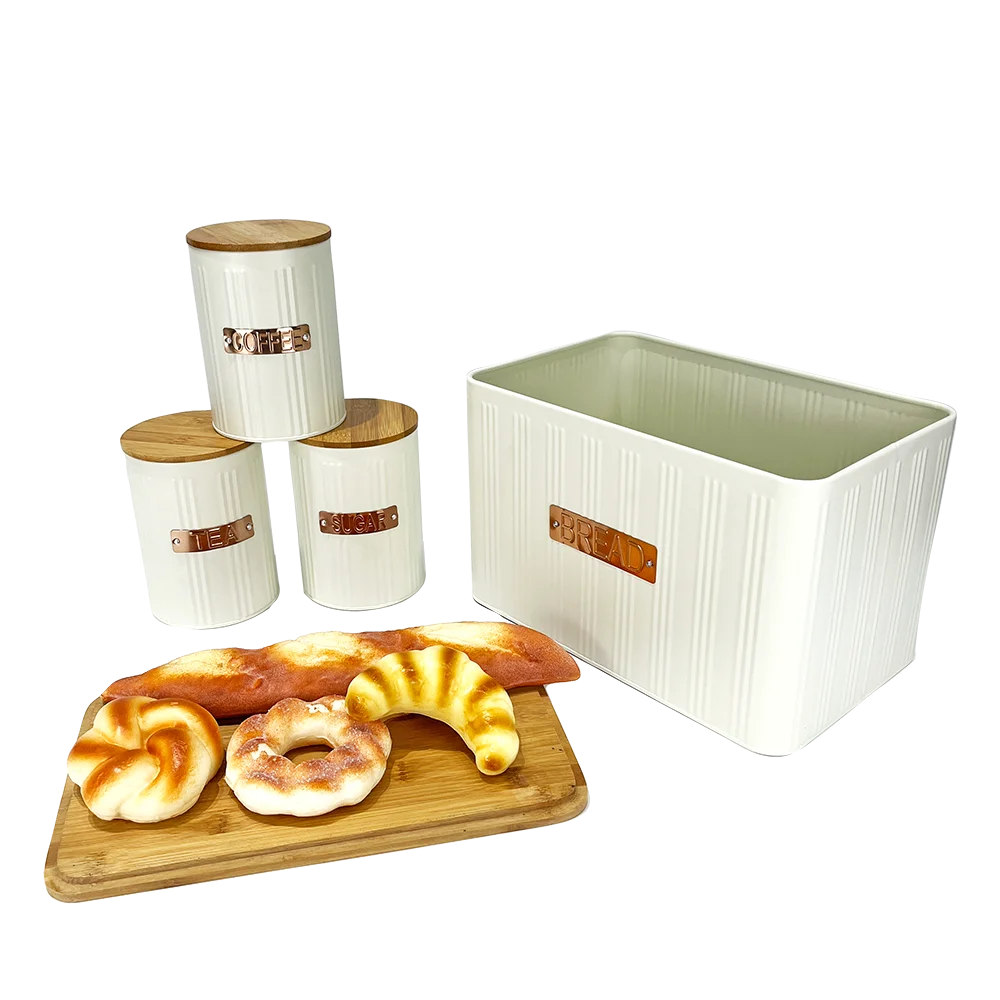 White color Cookie Sugar & Coffee Jar Plus Cutting Board Kitchen 4pc Storage Canister Set Bamboo Lids- Includes Bread box