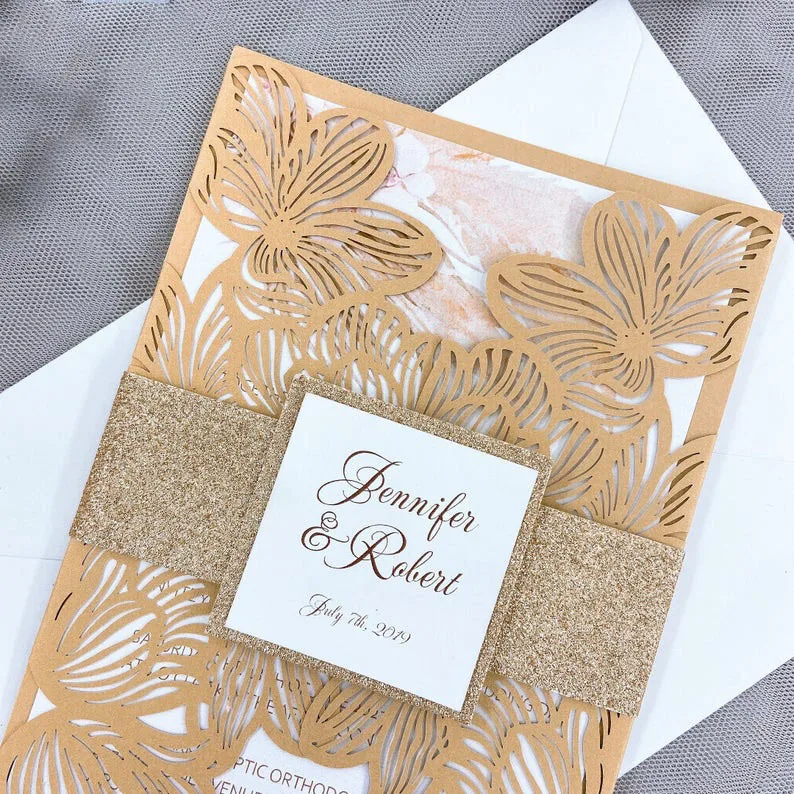 Wholesale Wedding Card Laser Cutout Luxury European Style Champagne Gold Glitter Laser Cut Wedding Invitations