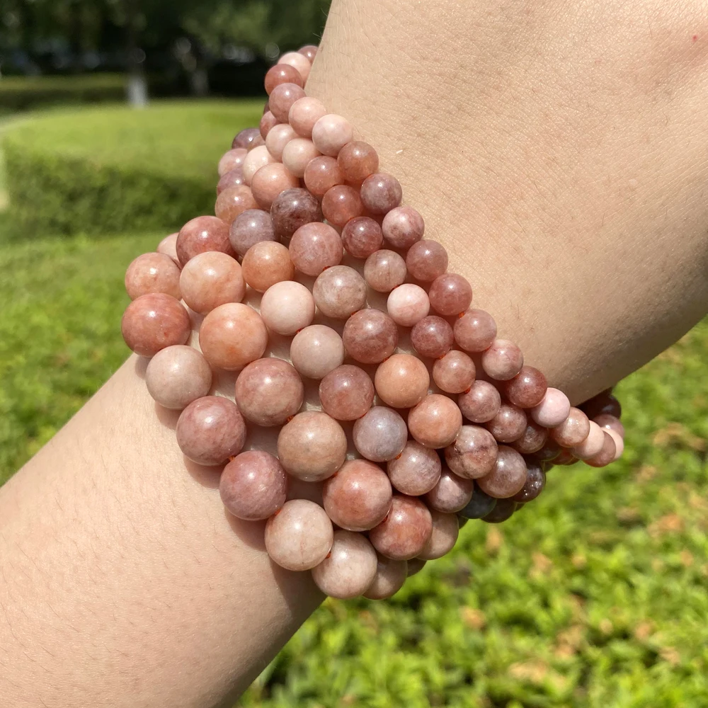 AsVrai U A+ Natural Stone Sunstone Bead Pink Smooth Round Loose Spacer Beads for Jewelry Making Supplier DIY Charm Bracelet 15'