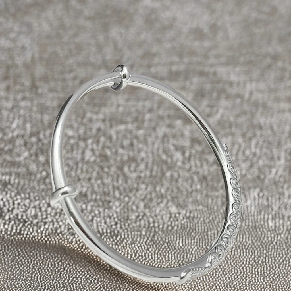 9999 Silver Peacock Feather Leaf Bracelet with Bright Face Plain Circle Push-Pull Adjustable Sterling Silver Jewelry Girlfriend