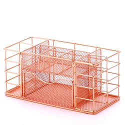 2023 Hot Sale Metal Wire Rose Gold Storage Basket Pen And Stamper Holder For Office Supplies