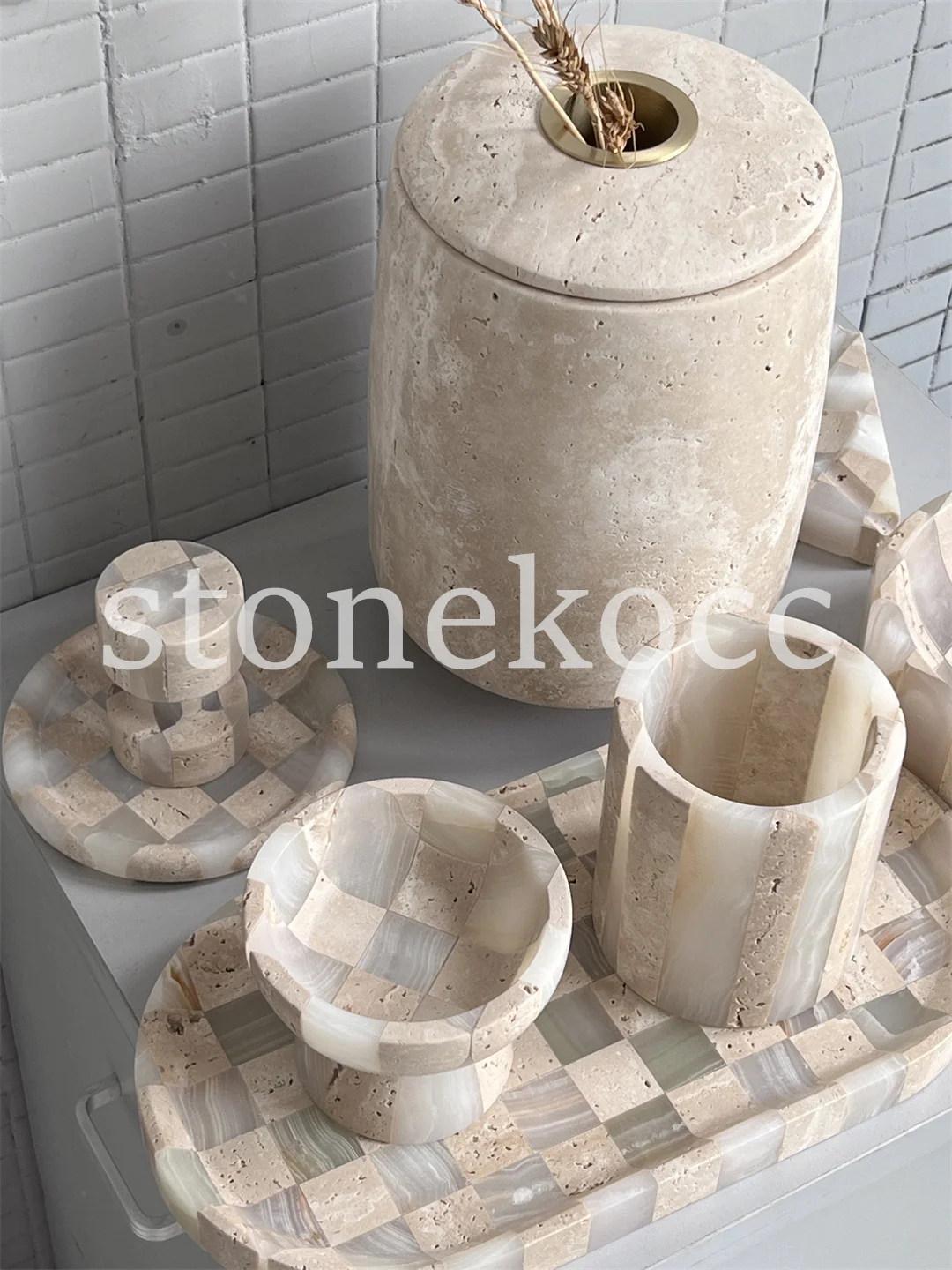 stonekocc Travertine And Onyx Mixed Color Wabi-Sabi Luxury Natural Decorative Marble Ornament Home Decoration