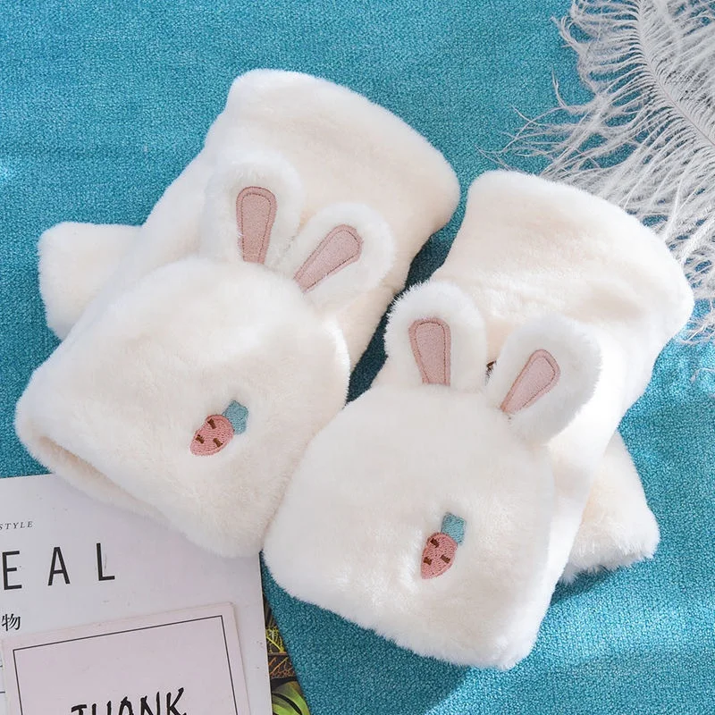 rabbit plush gloves clamshell half finger plush student writing riding gloves Korean version moisture warm unisex