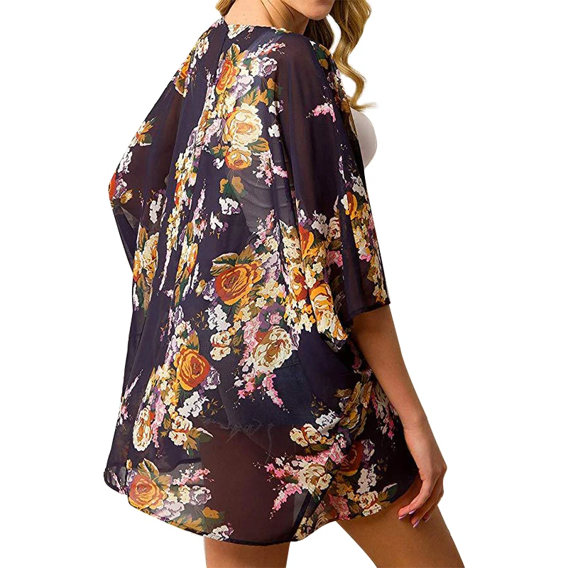 Fashion Floral Printed Beach Kimono Cardigan Cover up Puff Sleeve Casual Blouse Tops Swimwear Resort Wear Summer