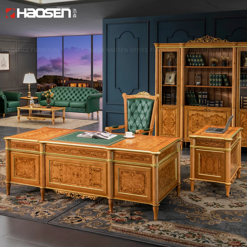 High Gloss Wooden gold Line Carving Business Boss Executive Classic Table Working Office Furniture Luxury Ceo Desk Office chair