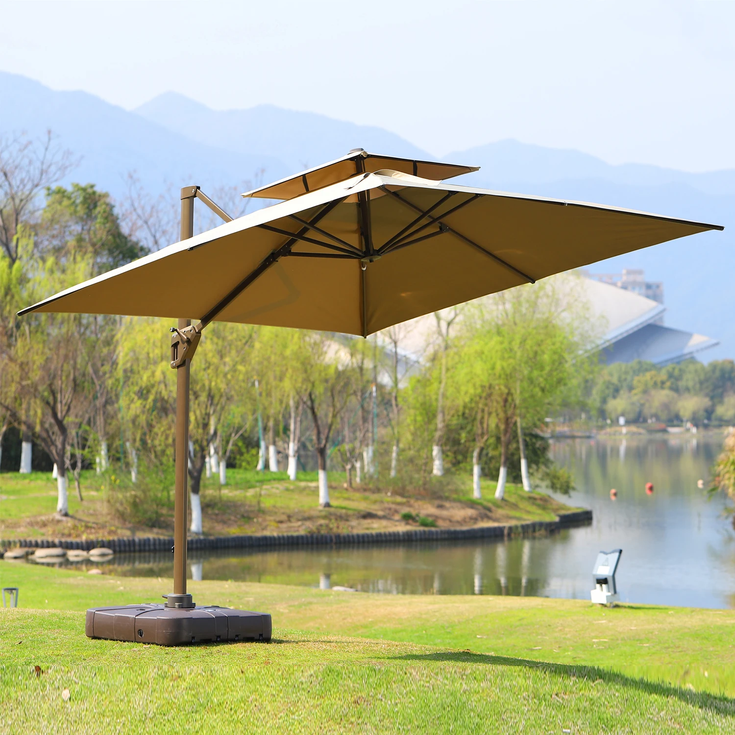 Uplion roma garden umbrella 3m*3m double roof Aluminium Square Hanging Umbrella Windproof Offset Large Cantilever