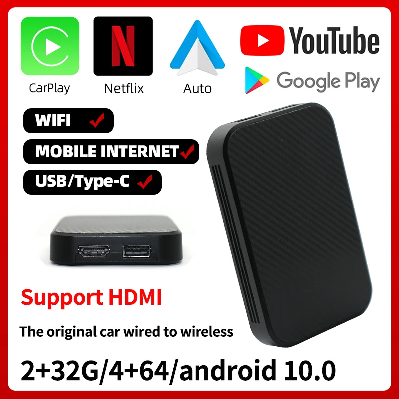 Android 10 carplay ai box Wireless Adapter 4GB+64GB larger storage smart system universal car play box with HD interface