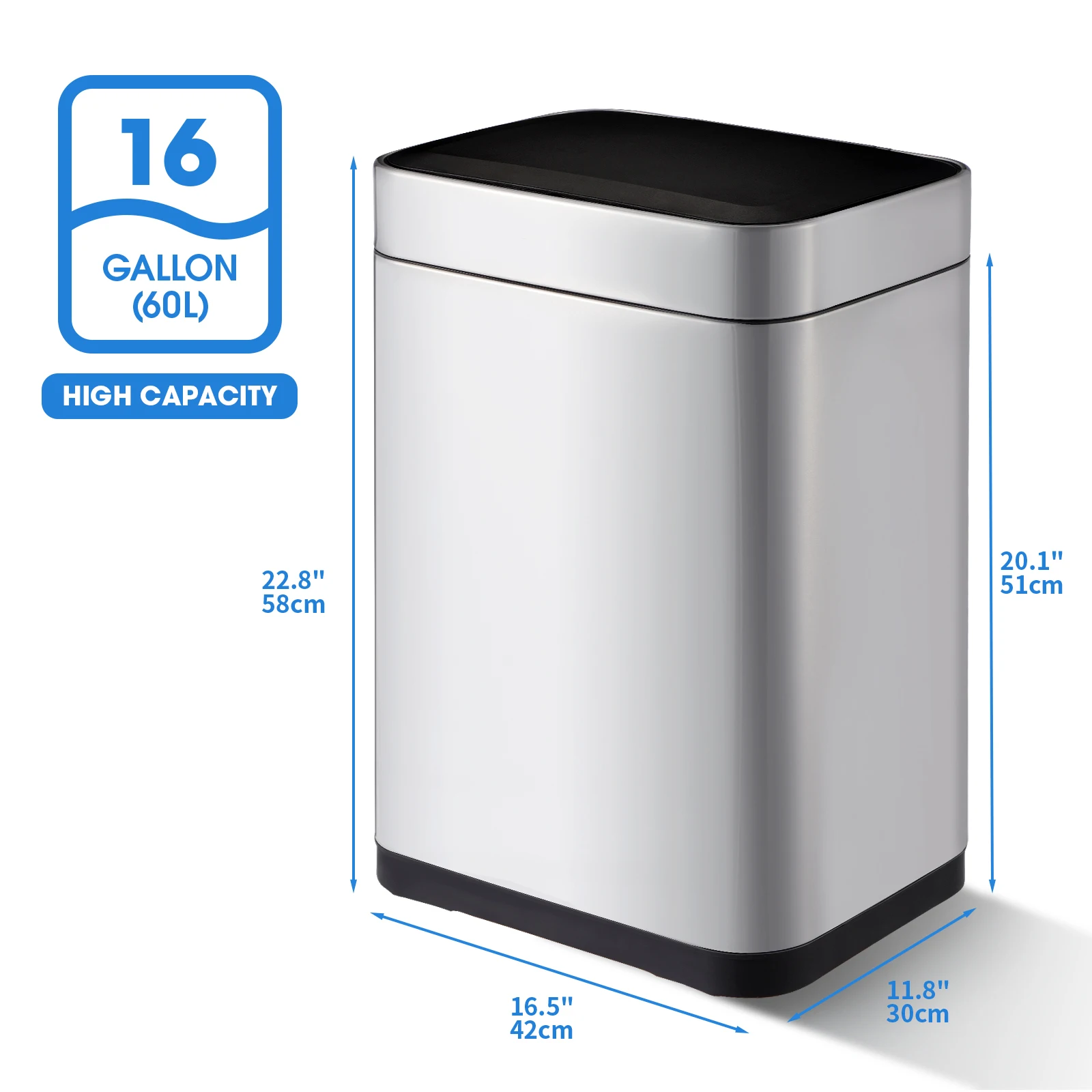 16 Gallon Rectangular Vibration Sensor Smart Garbage Can Waste Bin,stainless Steel Stainless Steel Trash Can with Lid Bin Sensor
