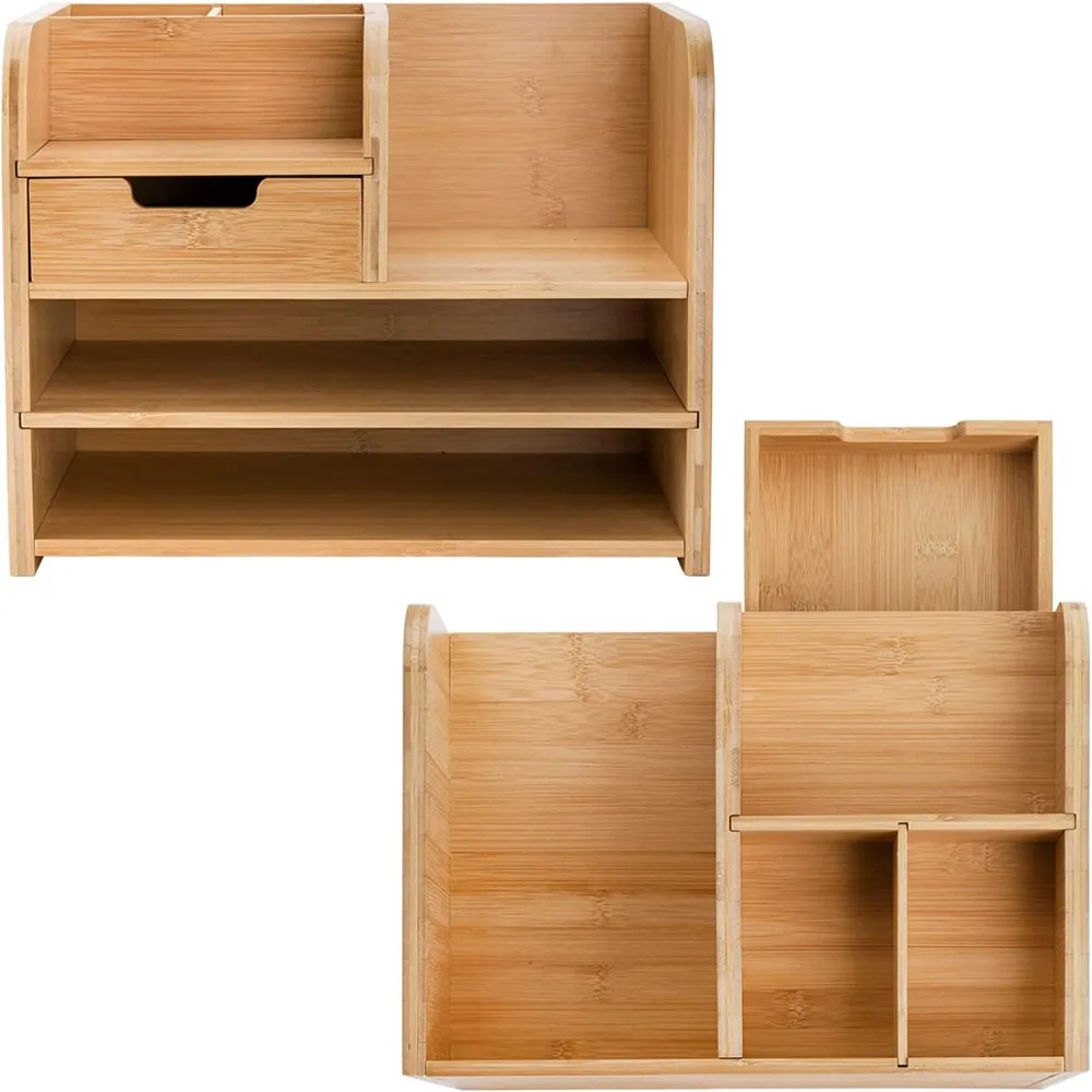 Wooden Organization Box with Drawers,Tabletop wooden Desk Organizer for Office  Bamboo Organization Box