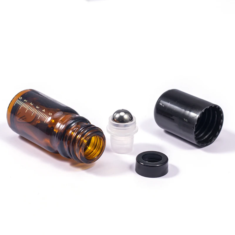 New Design Customized Design Measurement Essential Oil Perfume Roller Bottle Amber 5ml Glass Roll on Bottle with Cap