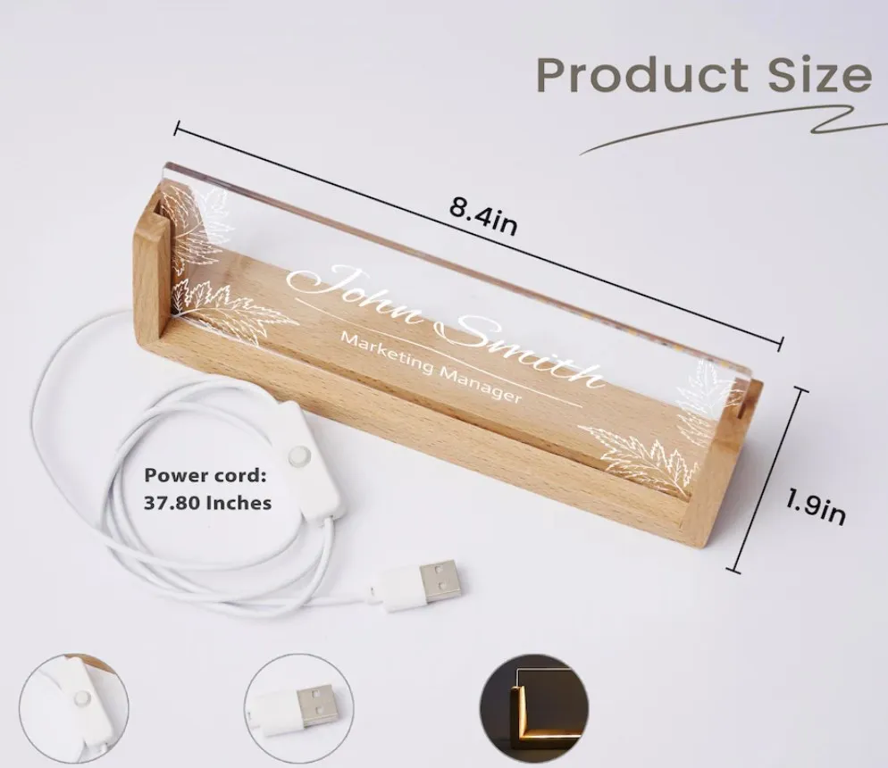 Office Personalized BOSS Coworkers gifts Modern Office Desk LED Lamp Lighted topper acrylic Desk Name Plate with Wooden Base