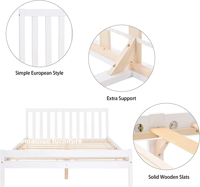 Wooden Bed Frame in White Double Bed 4ft6 Solid Wooden Bed Frame Bedroom Furniture for Adults Kids Teenagers