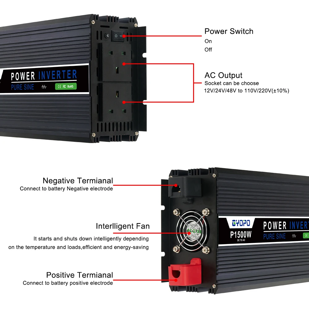 1500w 2000w 2500w 3000w 12v 24v 48v to 110v 220v DC AC Pure Sine Wave Inverter for