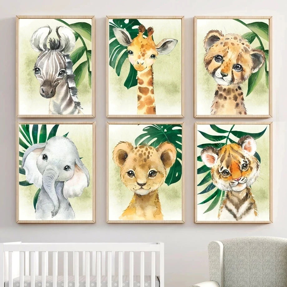 Yong Animal Horse Tiger Elephant Giraffe Wall Art pictures And posters Print on canvas oil painting For kids Room home Decor