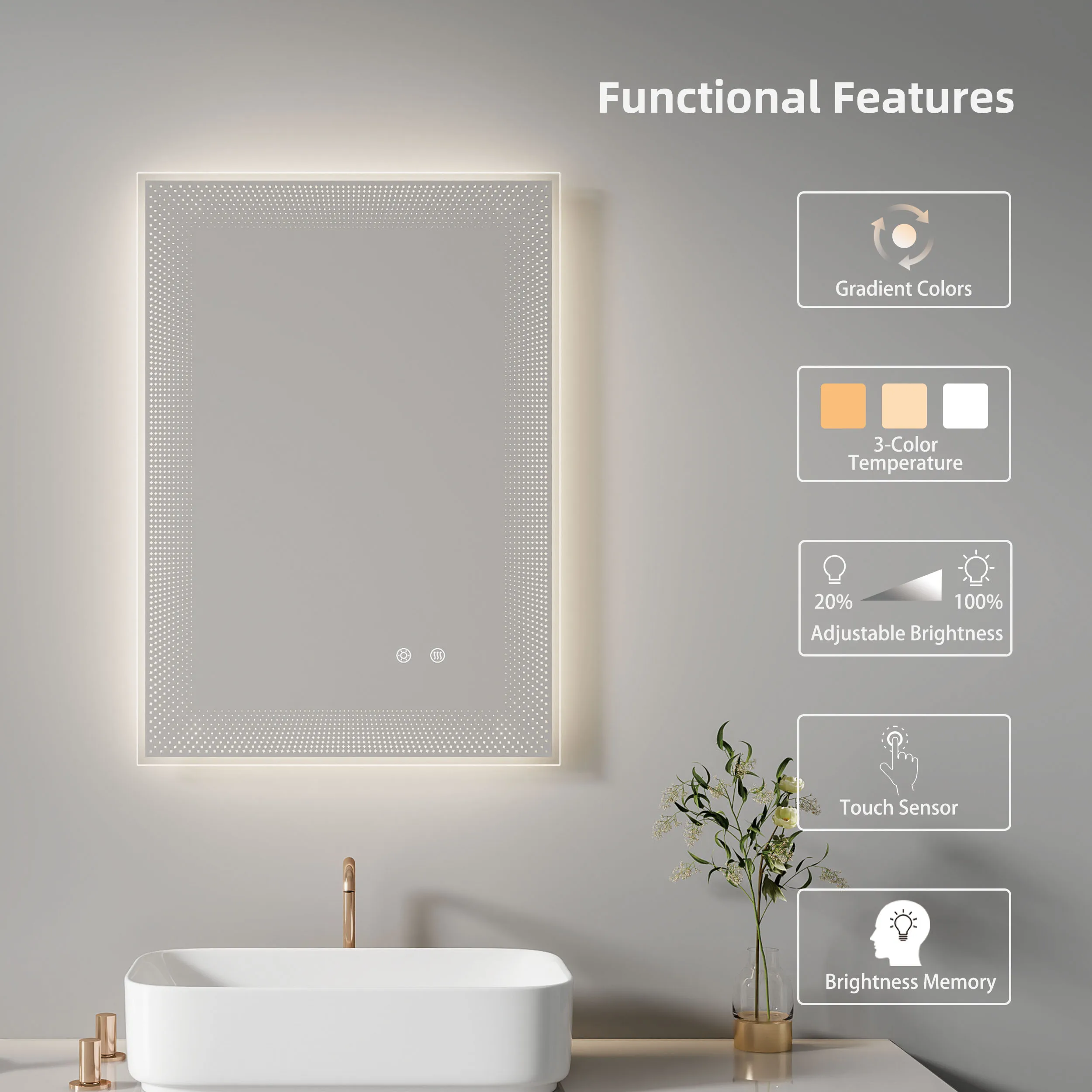 Wall Mounted Touch 3 Colors Dimmable Backlit 500 X 700 Rectangular Vanity Lighted With Lights Frameless Led Bathroom Mirror