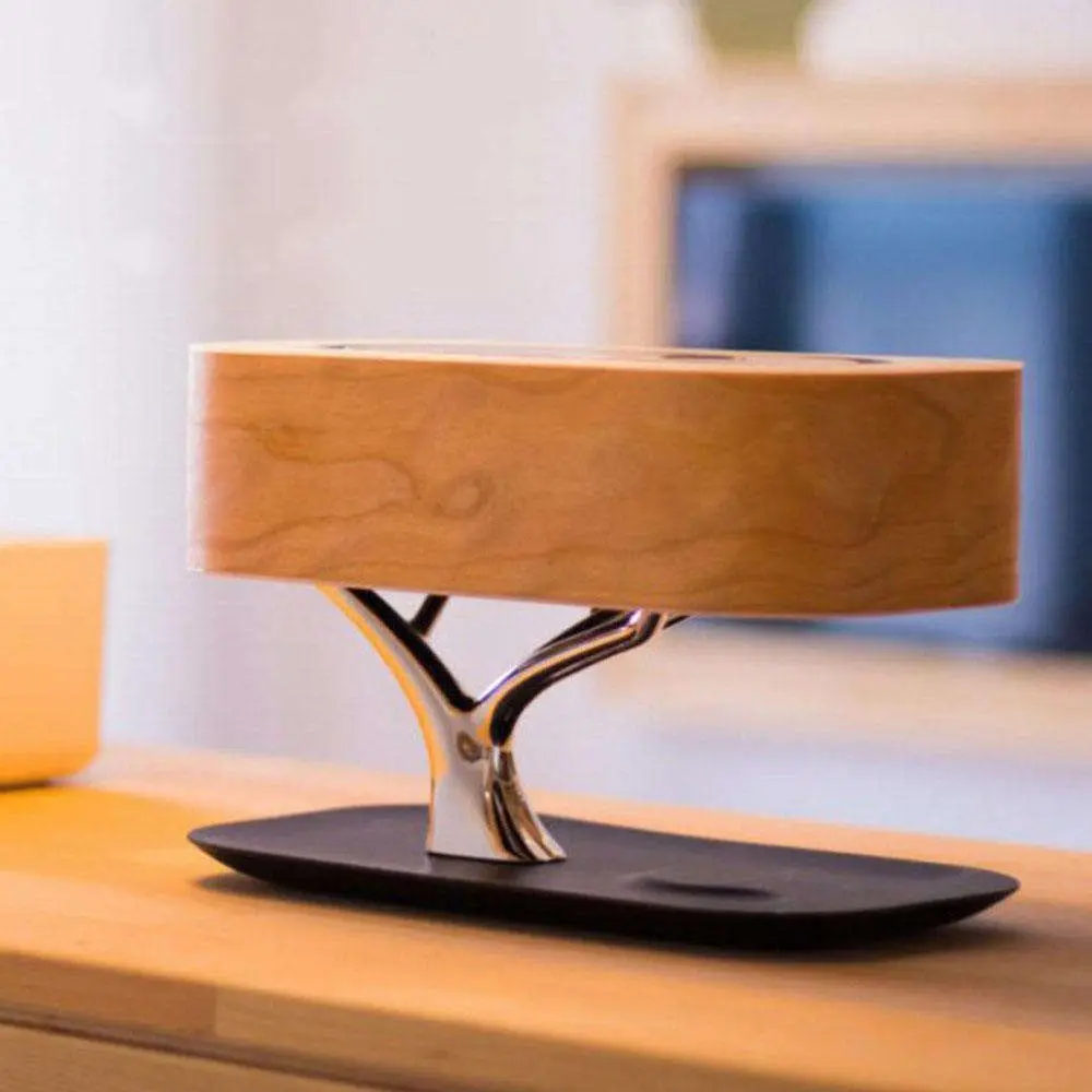 2022 New Technology Latest Gadget Wireless Charging LED Wireless Charger Blue Tooth Speaker Wooden Table Lamp Bedside Lamp