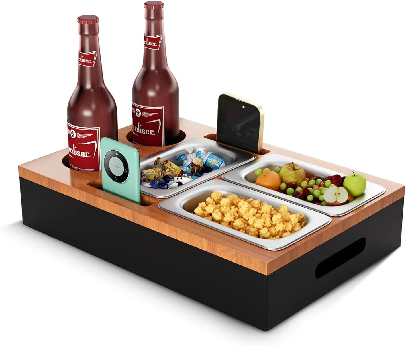 Couch Cup Holder Tray Soft Silicone Bamboo Caddy With 2 Drink Holders and Remote Control Slots