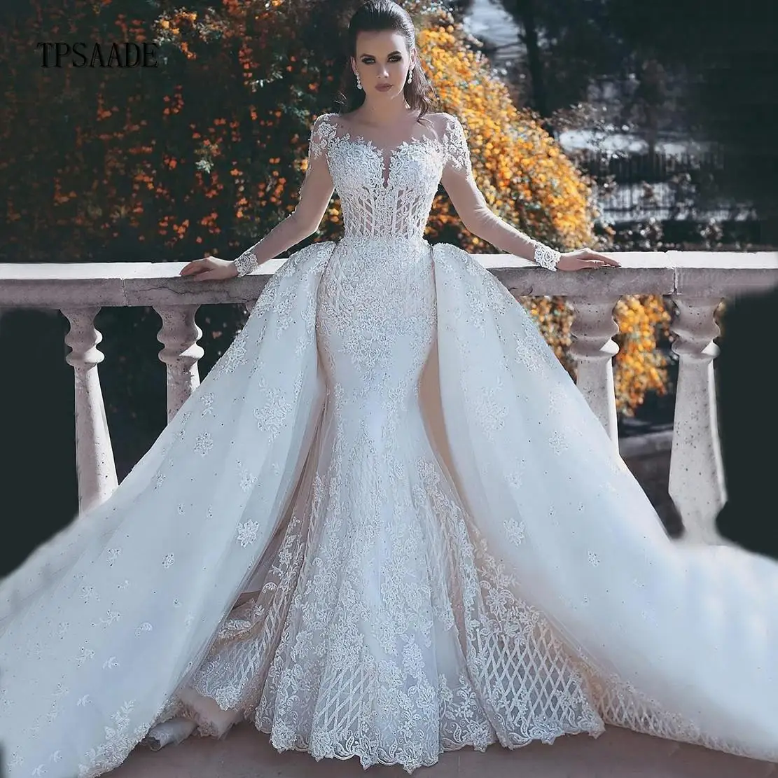 
trouwjurk vestido de novia robe de mariee Elegant woman Long sleeve see-through lace slit floor-length wedding dress 