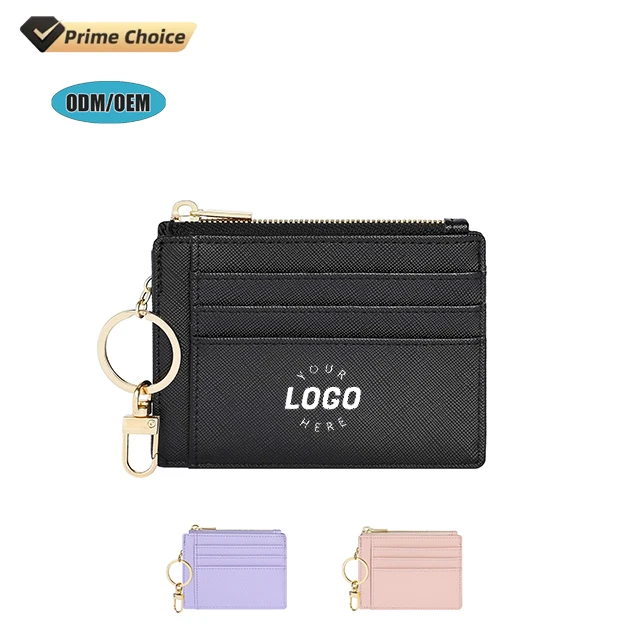 BSCI Women business Slim RFID Microfiber Leather Customized Card Holder Wallet With Keychain